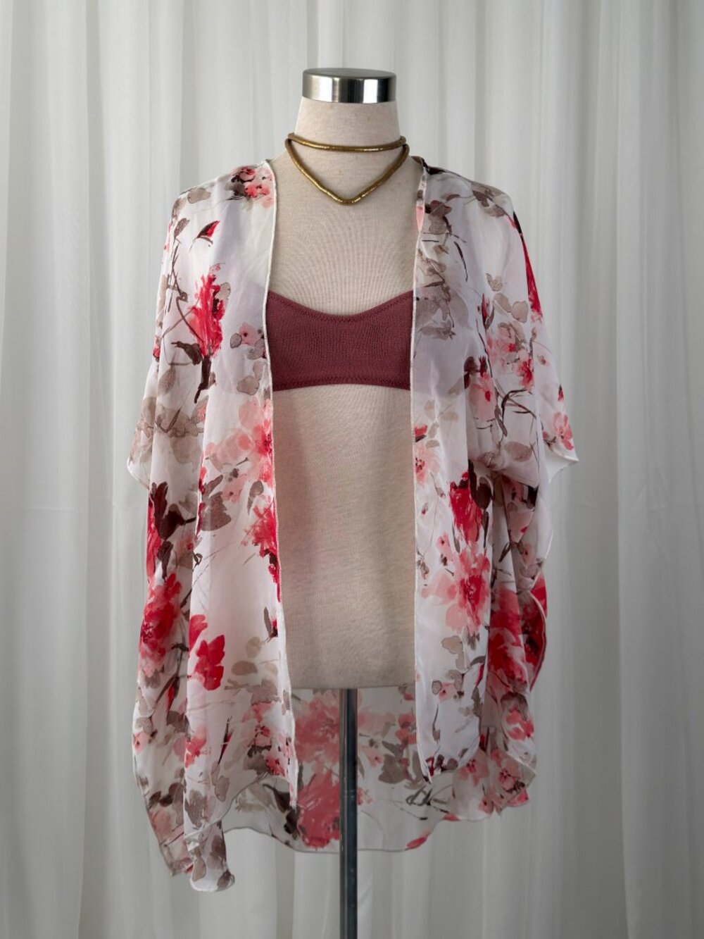 Sheer Floral Kimono Beach Coverup Boho Festival Duster Cardigan White Red Pink M